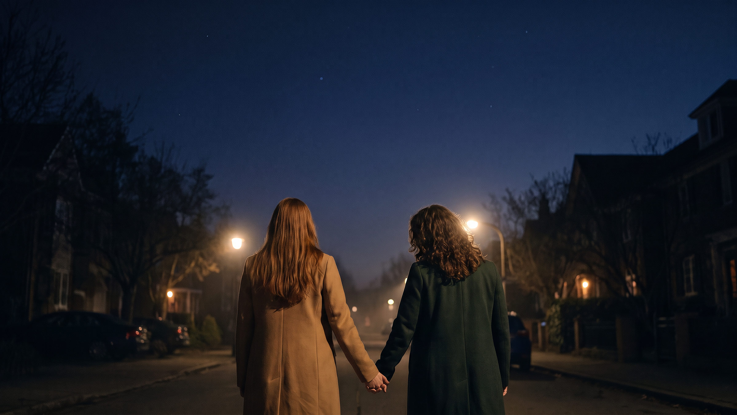 Two women walking home at night holding hands under a crescent moon