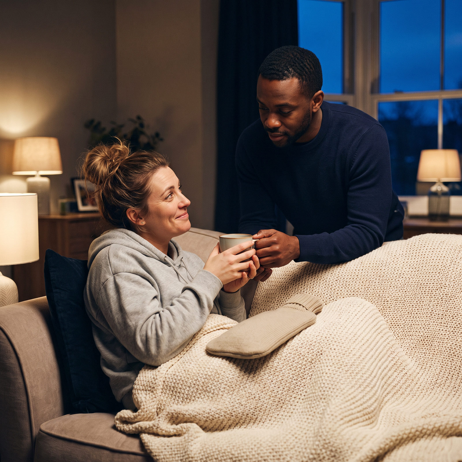 A man brings tea and a hot-water bottle to his partner, curled up under a blanket
