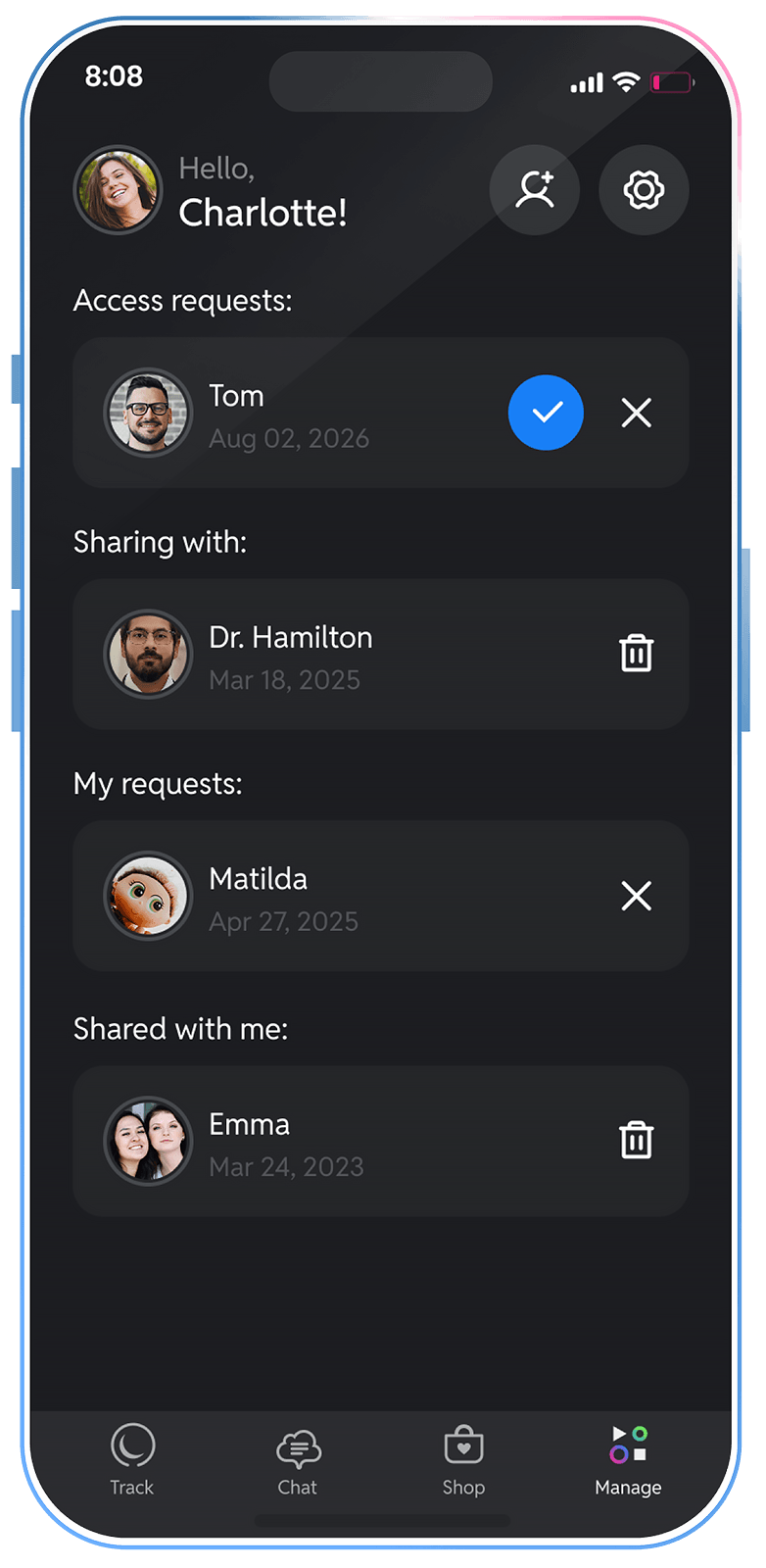 Lune Line connections screen: approve requests, stop sharing or disconnect
